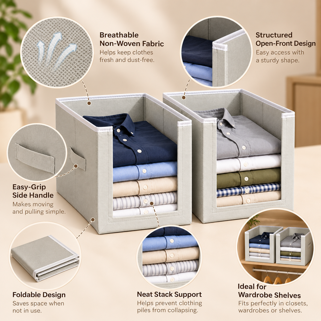 Non-Woven Shirt Stacker Organiser with Handle –Set of 2, 15.75" x 10" x 10"