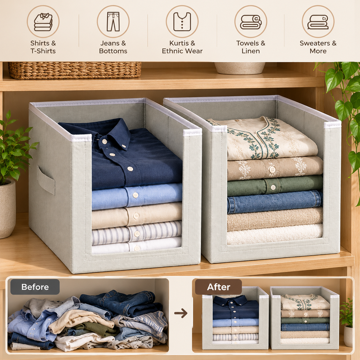 Non-Woven Shirt Stacker Organiser with Handle –Set of 2, 15.75" x 10" x 10"