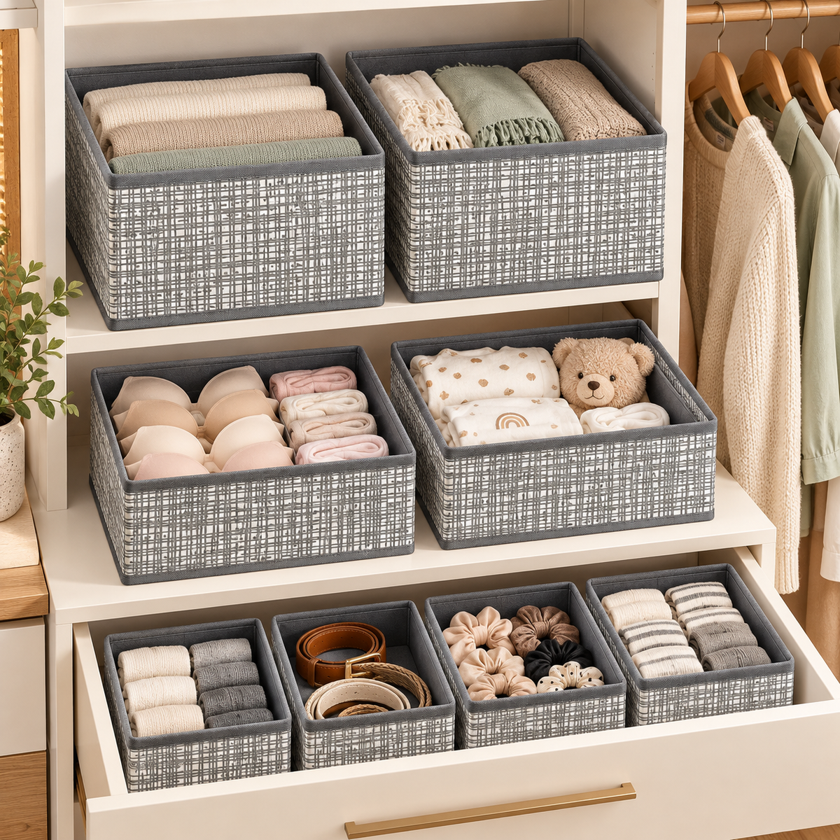 8-Piece Foldable Fabric Storage Baskets with Dividers - Textured Matte Finish