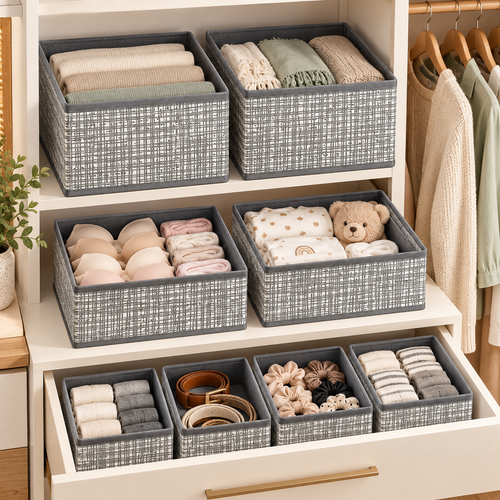 8-Piece Foldable Fabric Storage Baskets with Dividers - Textured Matte Finish