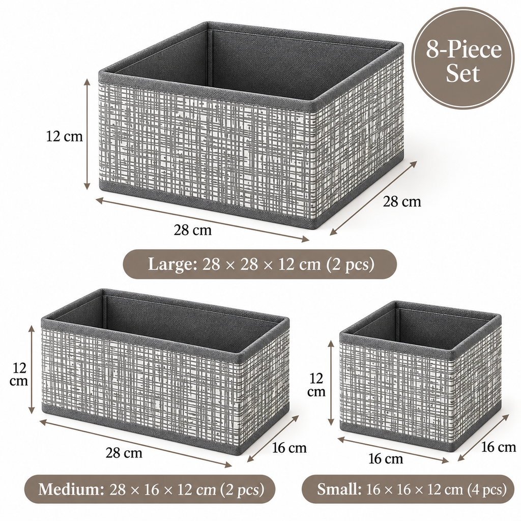 8-Piece Foldable Fabric Storage Baskets with Dividers - Textured Matte Finish
