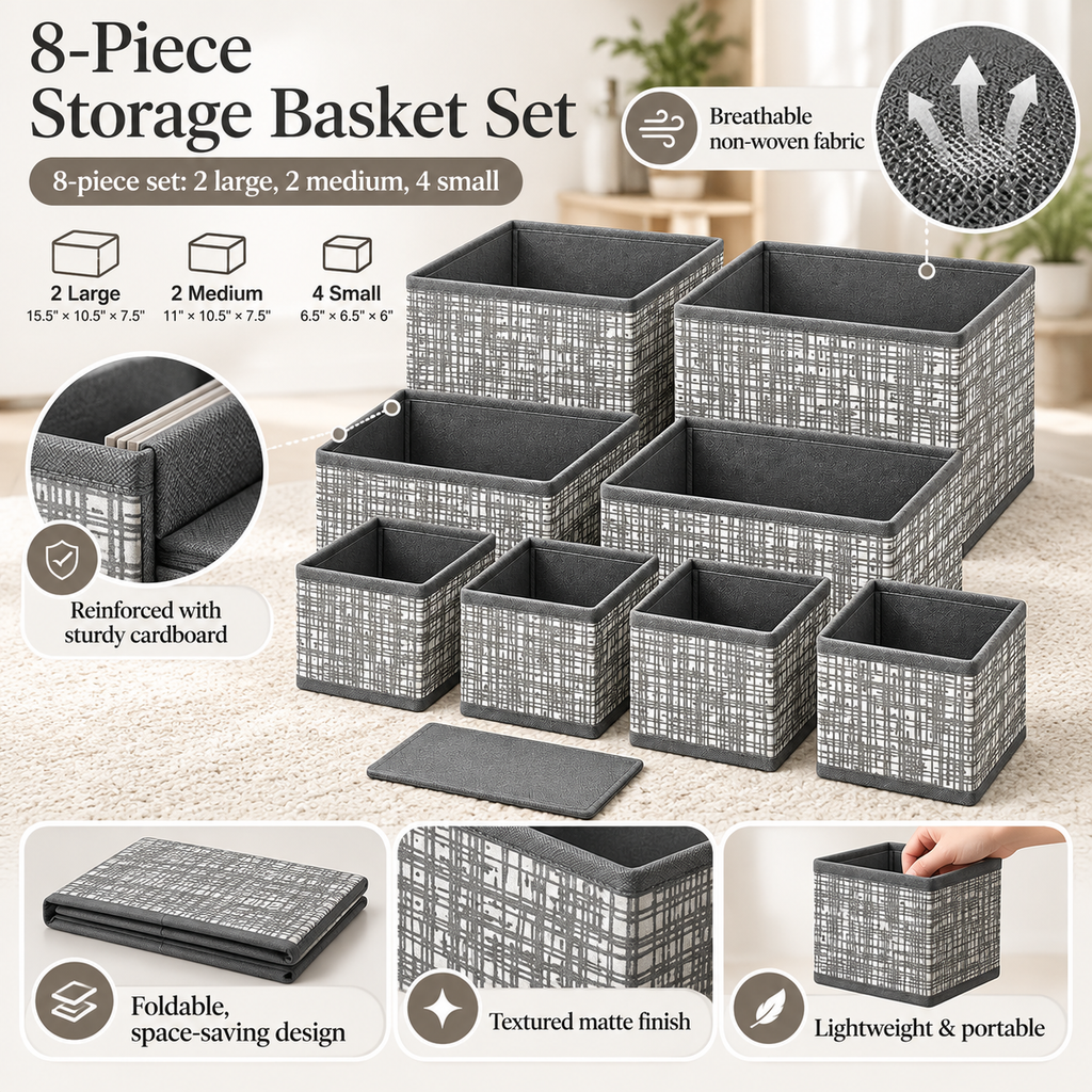 8-Piece Foldable Fabric Storage Baskets with Dividers - Textured Matte Finish
