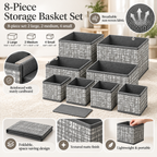 8-Piece Foldable Fabric Storage Baskets with Dividers - Textured Matte Finish