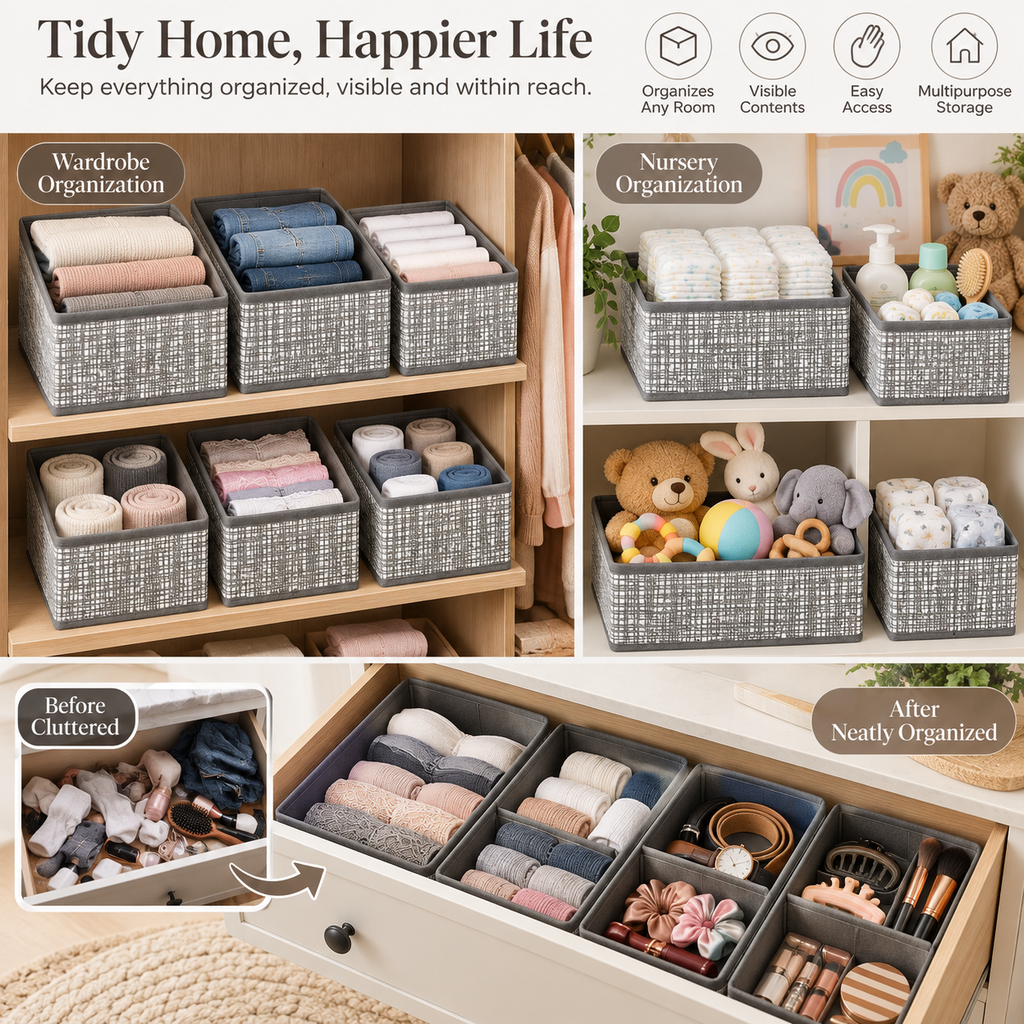 8-Piece Foldable Fabric Storage Baskets with Dividers - Textured Matte Finish