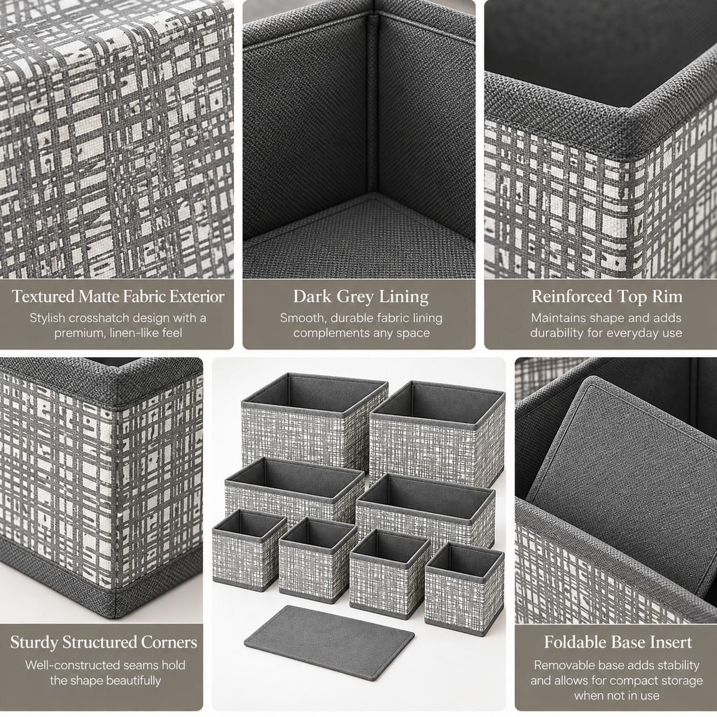 8-Piece Foldable Fabric Storage Baskets with Dividers - Textured Matte Finish