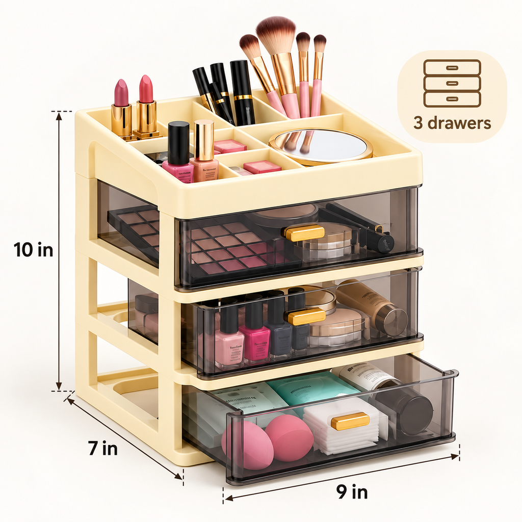 3 Layer Premium Plastic Drawer Storage Organizer - 9" x 7" x 10"