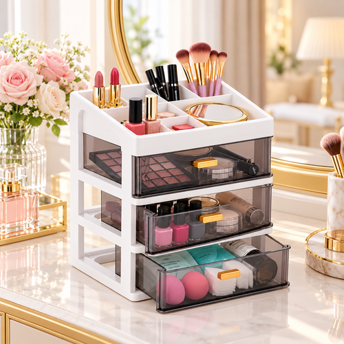 3 Layer Premium Plastic Drawer Storage Organizer - 9" x 7" x 10"