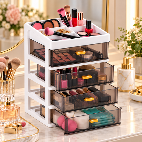 4 Layer Premium Plastic Drawer Storage Organizer - 9" x 7" x 13"