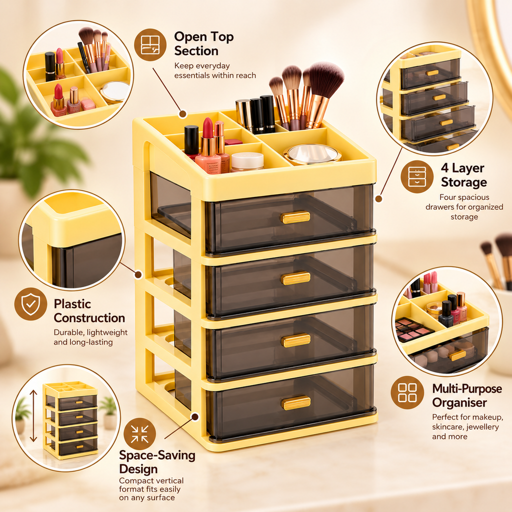 4 Layer Premium Plastic Drawer Storage Organizer - 9" x 7" x 13"