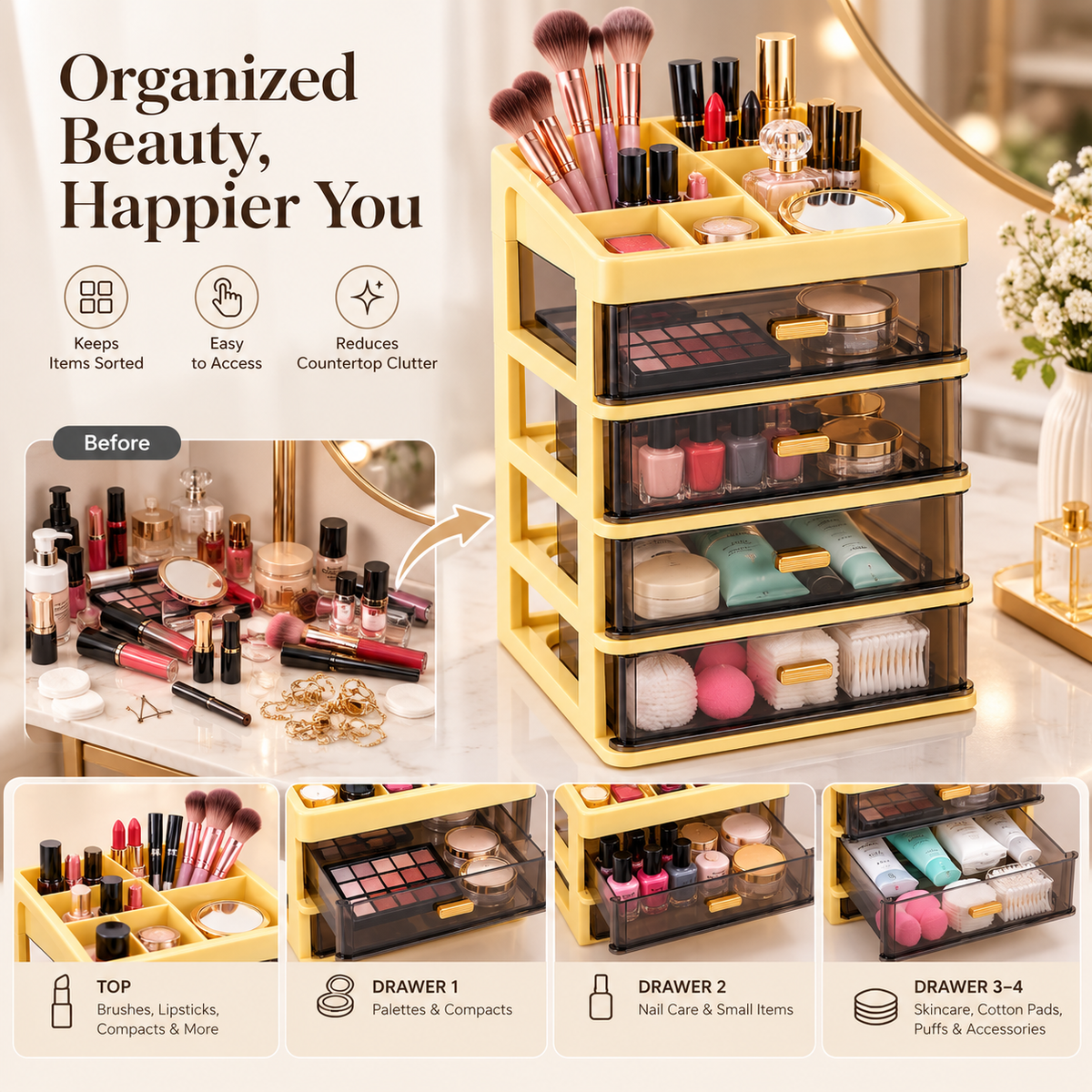 4 Layer Premium Plastic Drawer Storage Organizer - 9" x 7" x 13"