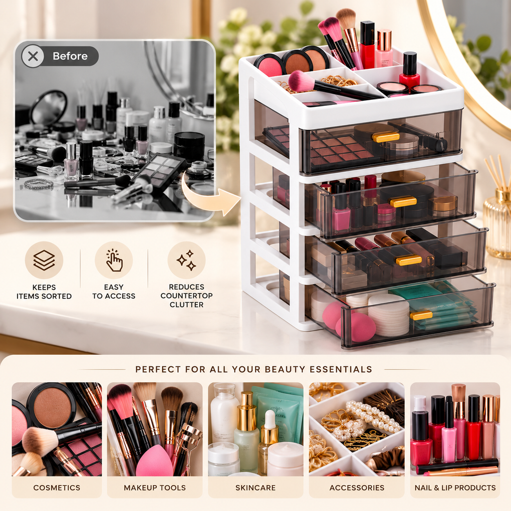 4 Layer Premium Plastic Drawer Storage Organizer - 9" x 7" x 13"