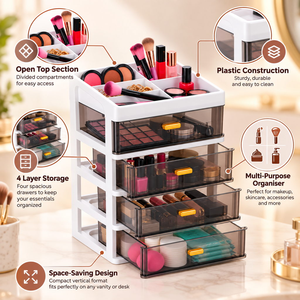 4 Layer Premium Plastic Drawer Storage Organizer - 9" x 7" x 13"