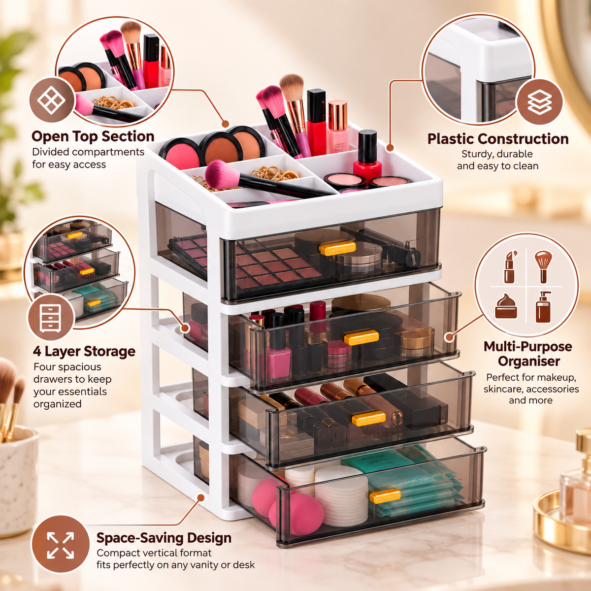 4 Layer Premium Plastic Drawer Storage Organizer - 9" x 7" x 13"